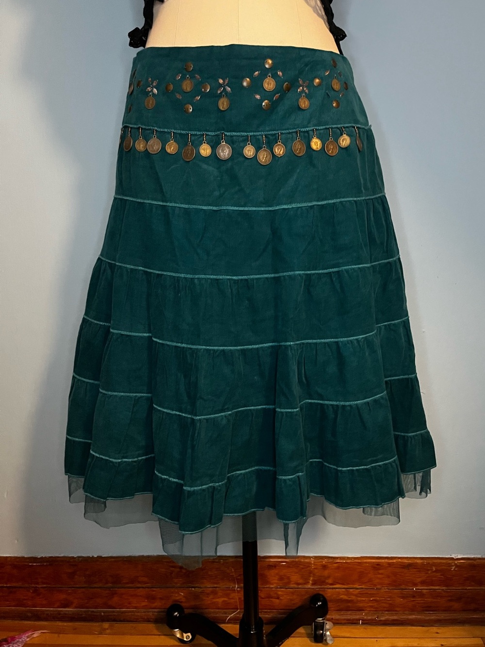 90s Vintage Autumnal Teal Corduroy Tiered Skirt Whimsigoth Goblincore Bohemian